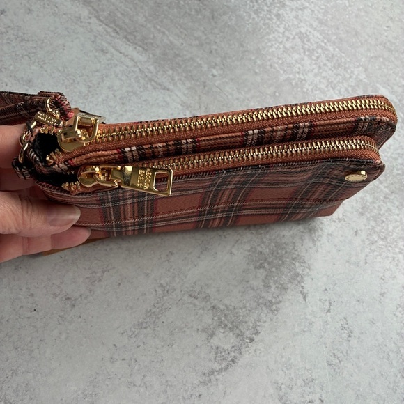 Steve Madden Plaid Dual Zip Wristlet Clutch in Red and Brown - Picture 9 of 14